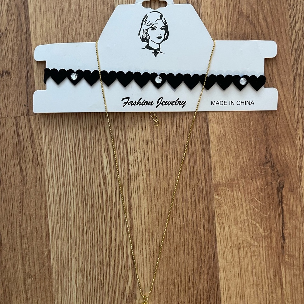 Gold Heart Necklace and Black Heart Choker Set